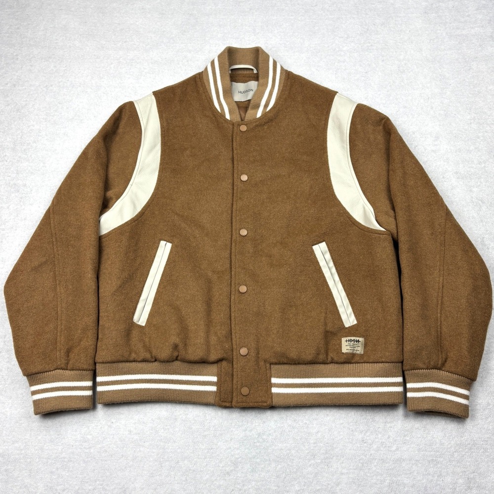 Hudson Mens XL Camel Tan Wool Blend Faux Leather Varsity Bomber Jacket HM-110F4